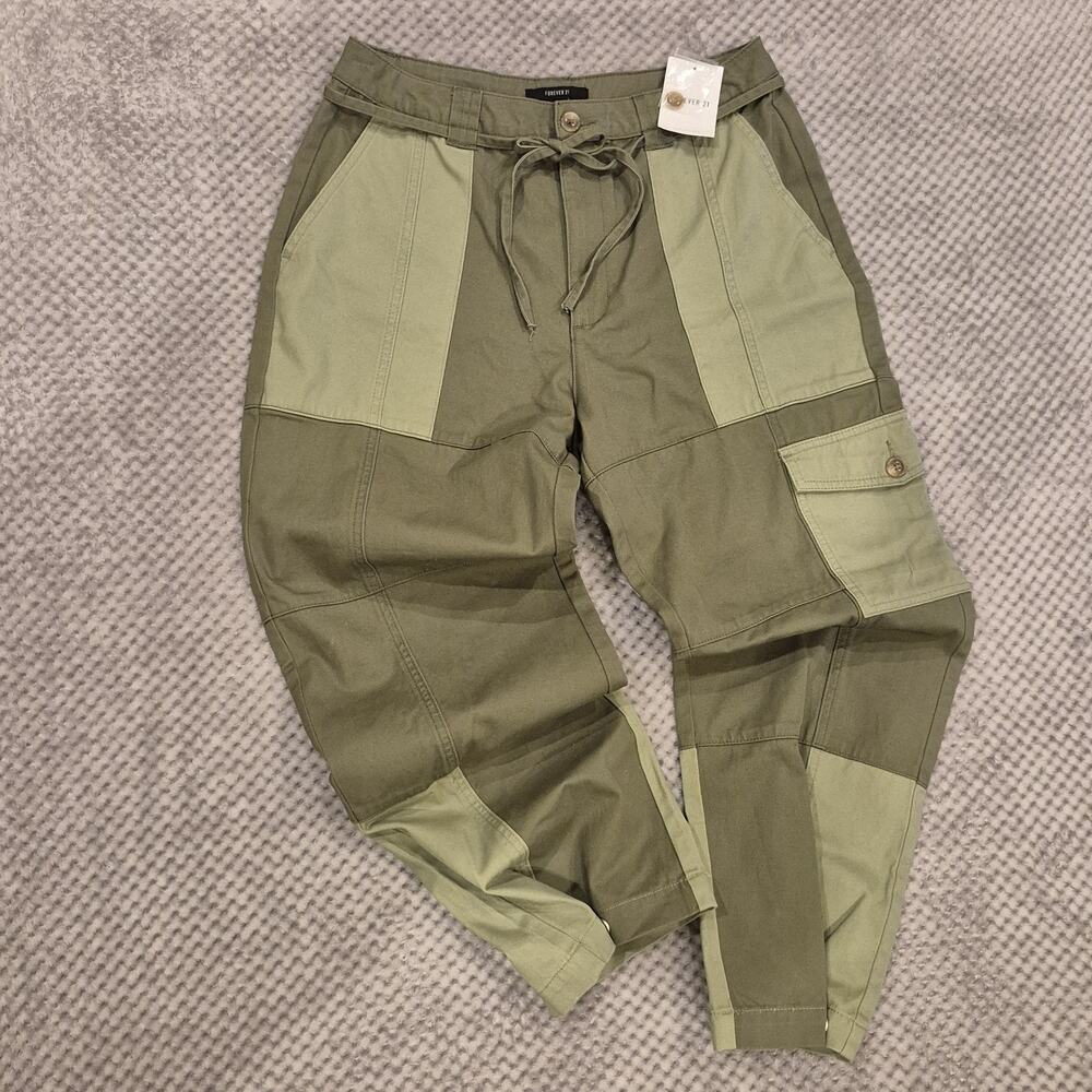 Forever 21 Cargo Pants Women Green Colorblock Parachute Utility Ankle Large